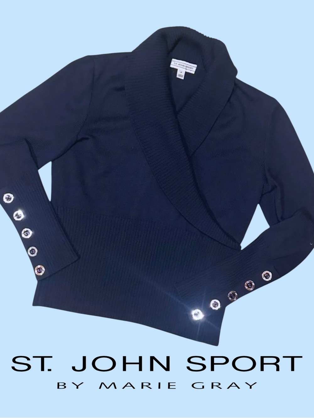 ST. JOHN SPORT • Santana Knit Shawl Collar Faux Wrap Sweater || Petite / Small